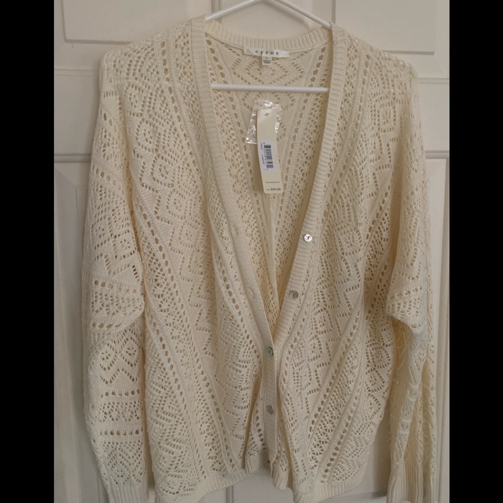* NEW Cyrus Open Stitch Creamy Alabaster Off White Cardigan Sweater SZ Large *